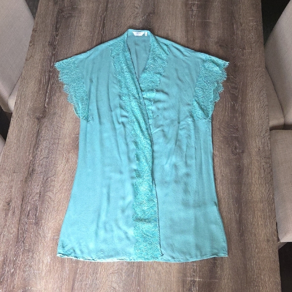 Frette Other - FRETTE Vestaglia Aqua Teal Eyelash Lace Trim Dressing Gown Kimono Cardigan Small